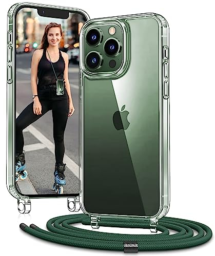 Vaykwo Handykette mit Band für Apple iPhone 13 Pro Hülle - Necklace Handyhülle - Transparente Case zum Umhängen mit Kameraschutz und Bildschirmschutz - DunkelGrün