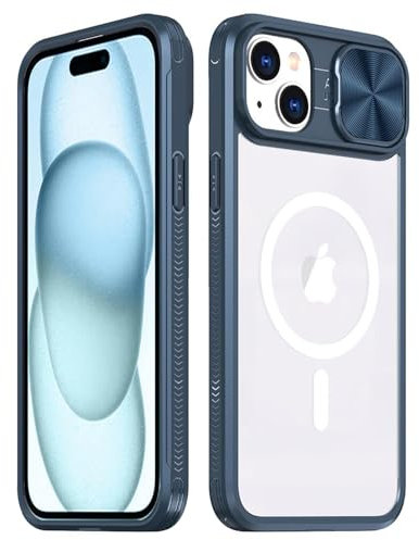 Rdyi6ba8 Clair Coque pour iPhone 15, Transparente Étui [Ne Jaunit Jamais] Protection de la Caméra Étui avec Coulisse Cache Objectif pour iPhone 15 - Bleu