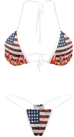 Suhoaziia USA Flag Flame Women's Micro Thongs Bikinis Swimsuit Triangle Top Swimwear Transparent String Sexy Bikini Halter G-String Swimsuit