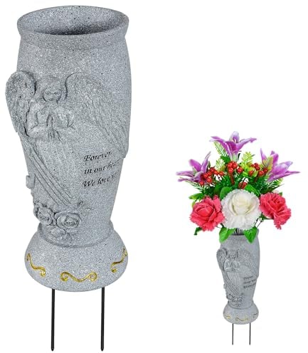 Vase funéraire pour cimetière, Vase funéraire avec piquets, Vase Ange pour Fleurs artificielles, Support de Fleurs pour Tombe pour Pierre tombale de cimetière (1 pièce)