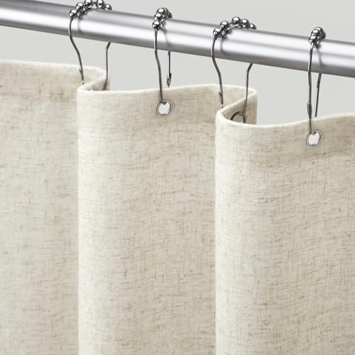 Awellife Tenda da doccia in lino testurizzato stile rustico bohemien per il bagno, crema, 183 x 183 cm