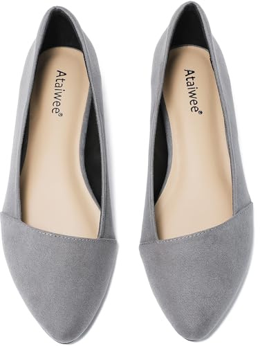 Ataiwee Women's Wide Width Flat Shoes - Ladies Pointed Toe Suede Slip On Office Ballet Flats.