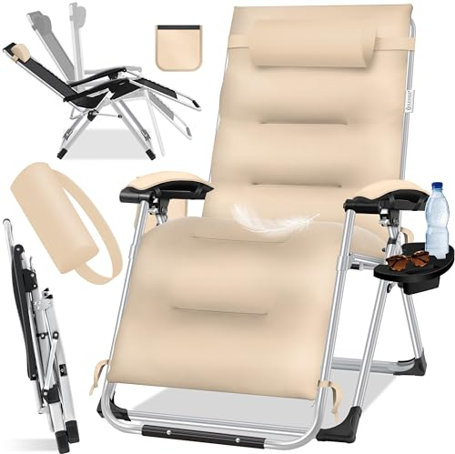 KESSER® Sonnenliege Liegestuhl,Gartenliege extra breit & Wetterfest,Belastbar 200kg,Ergonomisches Polster verstellbare Rückenlehne inkl. Nackenkissen Getränkehalter Armpolster & Seitentasche Beige