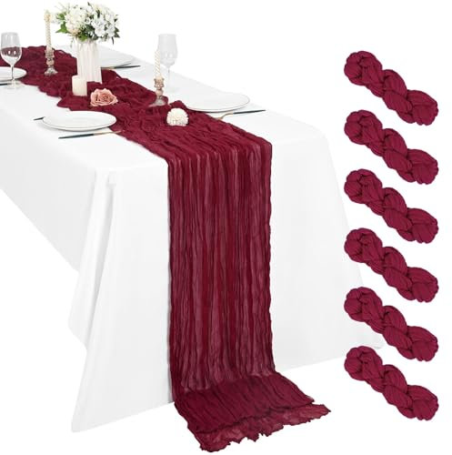 6 Stück Burgunderrot Seihtuch Tischläufer 3 m Boho Gaze Tischläufer 55 x 300 cm rustikal romantisch Langer Tischläufer für Hochzeit Party Brautparty Erntedankfest Weihnachtsdekoration