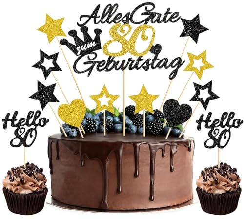 BURGEON Torten Deko 80. Geburtstag, 13 Stück Tortendeko, Alles Gute zum 80. Jahr, Happy 80th Birthday Cake Topper, Kuchendeko Kuchen Topper Gold Schwarz für Mädchen Junge