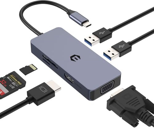 OOTDAY Hub USB C, adattatore Ethernet 6 in 1 USB C con VGA, porte USB 3.0, lettore di schede SD/TF, distributore USB per Dell, Lenovo e altri dispositivi di tipo C