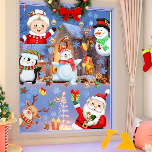 Upgrade Große Fensterbilder Weihnachten Selbstklebend, 6 Blätter Weihnachtliche Fensteraufkleber Kinder, Statische Fensterfolie wiederverwendbar Winter Weihnachtsdeko Sticker für Glas Adventsfenster
