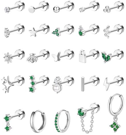 CASSIECA 25Pcs Piercing Orecchini Acciaio Chirurgico Set Orecchini Donna Oro Orecchini Cerchio Piccoli Orecchini Bottone Conch Piercing Cartilagine Orecchini Piercing Trago Helix Piercing Argento