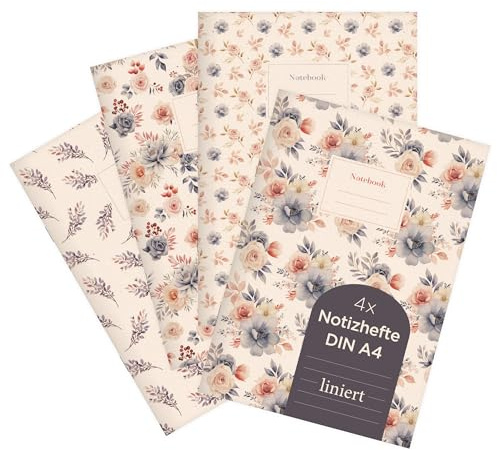etmamu 1032 4er-Set Notizheft A4 | Blumen Muster Aquarell Rosen Zweige | für Notizen, Skizzen, Bullet Journal & Planungen | Liniert