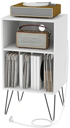 GOPLUS Plattenspieler-Ständer, Schallplattenhalter mit Ladestation & Stauraum, Plattenspieler Regal mit Metallbeinen & Ablagefläche, Beistelltisch Sofatisch (Weiß, 48 x 40 x 88 cm)