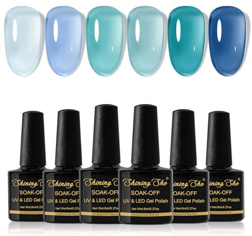 Shining She Jelly Gel Nail Polish, 6 Color Light Blue Cyan Light Green Sheer Nail Polish Kit Transparent Nail Polish Soak-Off UV/LED Nail Polish Gel Gift for Nail Art Salon DIY Home, 8ML