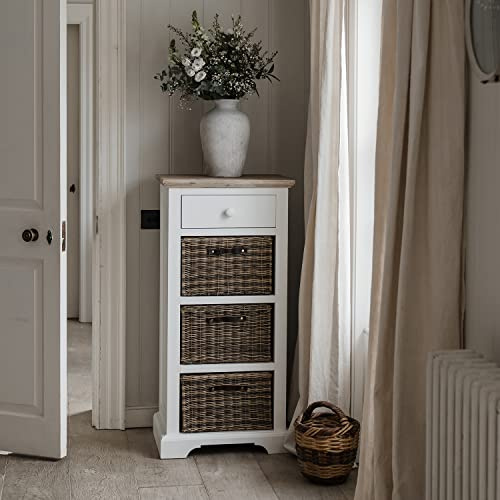 Florence Tallboy Storage Unit with Drawer and 3 Baskets | Limed Acacia Wood Top | 54W x 42D x 113H cm | Fully Assembled Kitchen Hallway Dining Room Furniture (white)