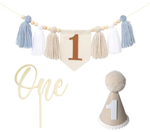 1st Birthday High Chair Decoration With Khaki Cone Hat Banner And Cake Topper Baby Shower Decoration Set Baby Birthday Photo Banner For Photo Props For Boys And Girls