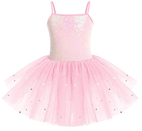 IWEMEK Robe de Ballet Fille Enfant Tutu sans Manches avec Paillettes Justaucorps de Ballet Robe de Danse Body de Ballet v�tements de Danse pour la Gymnastique Rose 5-6 Ans