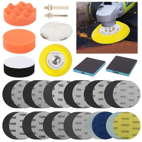 Qivine 129 Piezas Kit Pulir Faros 75mm Grano 60-10000 para Taladro | Lana de Almohadillas para Pulidora Coche Inalambrica, Esponja para Pulimento Coche Arañazos Accesorio Adaptador de Taladro