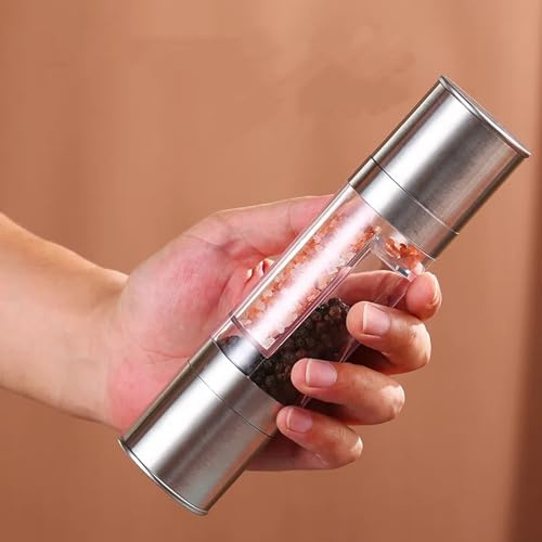 XSUNFAJOEl 2-in-1 Stainless Steel Reusable Dual Head Grinder, mini Dual Chamber Salt and Pepper Grinder with adjustabe Ceramic core, Household Kitchen Manual Transparent Spice Grinder