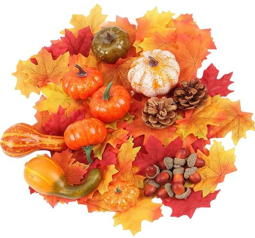120Pcs Artificial Pumpkins Autumn Decorations Set,Autumn Home Decor Artificial Fall Maple Leaves,Pumpkin,Gourds,Pine Cones,Small Acorns for Fall Thansgiving Halloween Holiday Party Decor Decoration