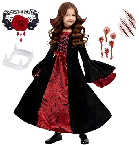Disfraz de Vampiro para Niñas, Disfraz Halloween Vampiresa, Vestido Vampiresa con Collar, Dientes y Calcomanía de Tatuaje, Disfrace Vampiro Gotico, para Halloween,Carnaval,Juego de Roles,Fiesta (L)