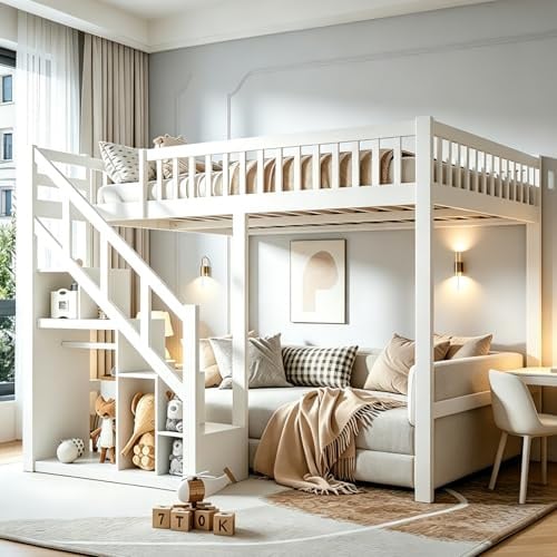 YNYHTER Kinder Etagenbett 90x200cm,Etagenbett Kinder Holz Hochbett Mit Stauraum Stockbett Für Kinder90x200 Hochbett mit Treppe Kinderbett Jugendbett Mit Rausfallschutz,Keine Matratze (Weiß, 90x200cm)