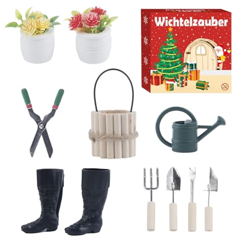 Joxessaien 6 Stück Miniatur Garten Zubehör Set, Wichtel Gartenszene Weihnachten inkl. Holzfass, Gummistiefel, rote & gelbe Pflanzentöpfe, detailreiche Mini Deko für Wichteltür