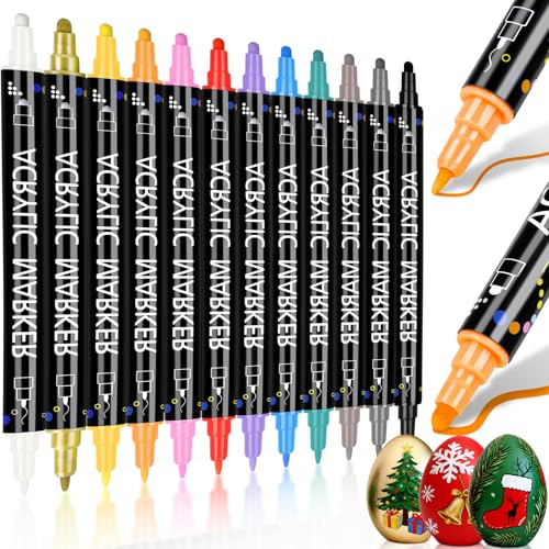 swihorab 12 Farben Acrylstifte mit Doppelspitze, Christmas Acrylstifte Set für Basteln Kunstbedarf Steine Wasserfest 0.5-5mm Dual Tip Marker (runde und feine Spitze) für Rock Painting