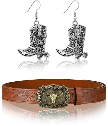 Westerngürtel für Damen Western Cowboy Ledergürtel für damen Vintage Gürtel für Damen Dehnbar Breiter Cowgirl Western Das Land Gürtel Boho Ohrringe hängend für Weiblich für Jeans,Kleid und Hosen