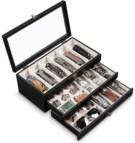 Emfogoo 3 Étages Coffret Poignard, Bois Boîte Présentoir à Couteaux avec Tiroir et Couvercle Transparent, Support à Couteaux pour Exposer et Ranger les Couverts, pour Collection, Cadeau (Noir)