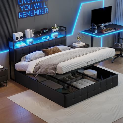 Bett 140x200 mit Stauraum, LED USB Polsterbett, Hydraulische Rückenlehne mit Staufach Boxspringbett, Doppelbett, Gilt für Raumorganisation löst Speicherprobleme, ohne Matratze (Schwarz, 140*200)