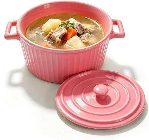 Plat à Gratin en Céramique avec Couvercle, 1,2L, Mini Cocotte avec Poignées, Grand Bol pour Lasagnes, Ramen, Pâtisserie, Moules Ronds pour Four, Micro-ondes, Rose Framboise