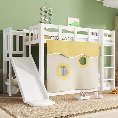 luckdect Lit Mezzanine en Bois 90x200 cm, Lit mi-Hauteur avec avec escalier, barrières de sécurité, Rideau de lit et Toboggan, Lit Simple (Matelas Non Inclus)