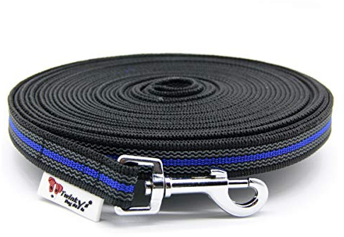 Twinkys Dog Style Schleppleine Hund – schwarz blau 10 Meter 20 mm – gummierte Trainingsleine mit Handschlaufe – strapazierfähig & wetterfest – ideal für Rückruftraining, Freilauf & Hundesport