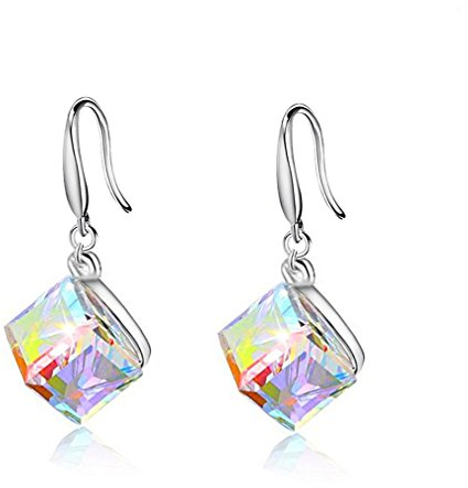 Uloveido Pendientes Colgantes de Gancho francés de Plata esterlina Cristales de Cubo Cuadrado - Regalo de joyería de Moda para Mujeres niñas (Embalaje de Caja) Y418-E