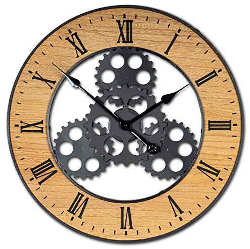 levandeo XXL Wanduhr 56 cm Rund Zahnrad Großuhr Industrie-Design Industrial Uhr Holzuhr Holz Deko Metall Braun Schwarz Wanddeko