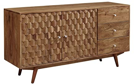 Massivmoebel24.de | MOSAYK massives Sideboard - Natur, lackiert | Akazienholz | 2 Türen - 3 Schubladen | 145x42x75 | Kommode Tv-Sideboard Wohnzimmer-Schrank