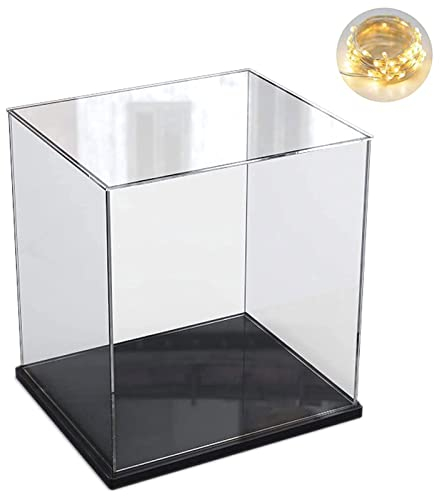 Vitrine Acrylique pour Collection pour Lego 76429 Talking Sorting Hat 43270 10338 31152 43238 21355, Boite Transparente Plexiglas Vitrines avec Base Bois-plastique & Lumière, Noir Intérieur 25x25x30cm