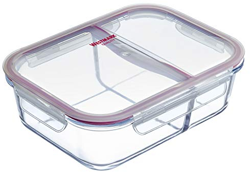 Westmark Táper de vidrio, 2 compartimentos separados, tapa con clip, Hermético, Apto para congelación y microondas, Resistente al horno, Sin BPA, Vidrio/plástico/silicona, Transparente/rojo, 234522E1