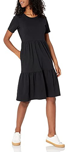 Amazon Essentials Women's Short-Sleeve Crewneck Tiered Dress, Black, XL