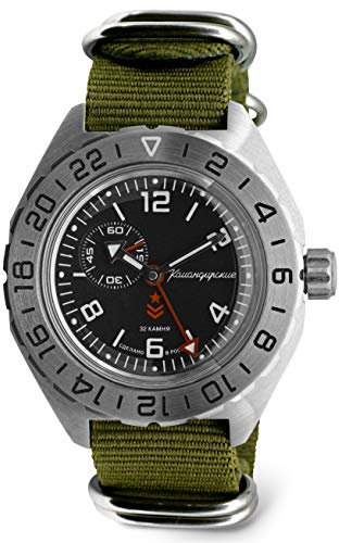 Vostok Komandirskie 650539 GMT Automatik-mechanische Taucherarmbanduhr mit Automatikaufzug, Grün, Militär, grün, Militär