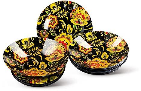 Tafelservice Geschirr-Set aus Glas für 6 Personen, 19-teilig, Russland Motive, Chochloma-Malerei-Muster, 6x Suppenteller, 6x Dessertteller, 1x Salatschüssel (Chochloma)