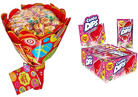 Chupa Chups Lutscher Blumenstrauss, Geschenk-Idee: Geburtstag + Jahrestag + Valentinstag, 6 fruchtige Lolli-Sorten & Crazy Dips, 24er Thekendisplay, Erdbeer-Lollis mit Brausepulver und Knistereffekt