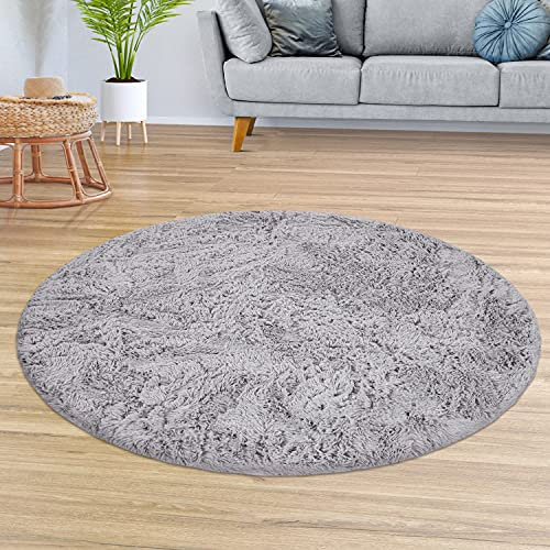 TT Home Teppich Wohnzimmer Hochflor Langflor Weich Soft Modernes Einfarbiges Design, Farbe: Grau Silber, Größe:200 cm Rund
