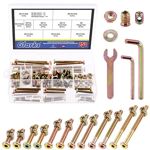 Glarks 253 M6 kit de remplacement de matériel de vis de lit pour bébé m6x25 / 35/45 / 55/65 / 75 / 85mm vis à tête cylindrique hexagonale intérieure avec rondelle d'écrou et outil pour table et ch