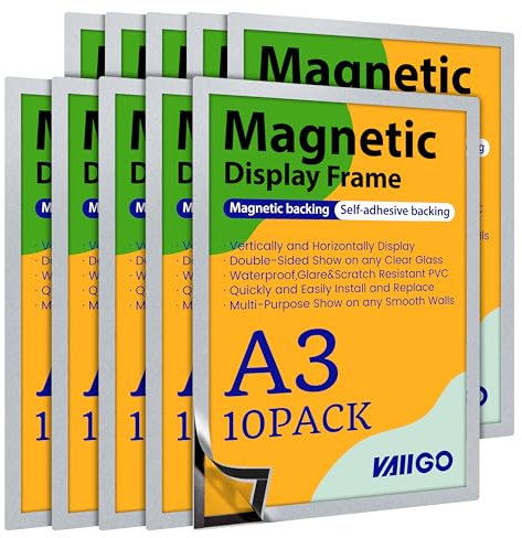 VAIIGO 10 Stück Magnetrahmen A3, Selbstklebend Magnetische Info-Rahmen, Mit Magnetverschluss für Informationsrahmen, Durable Magnetic Frame für Restaurants& Büros & Shops,Silber