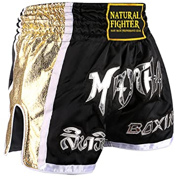 Muay Thai Shorts Pantaloncini Satinati per Thai Boxe Kick Boxing MMA Sanda Vale tudo (M, Nero)