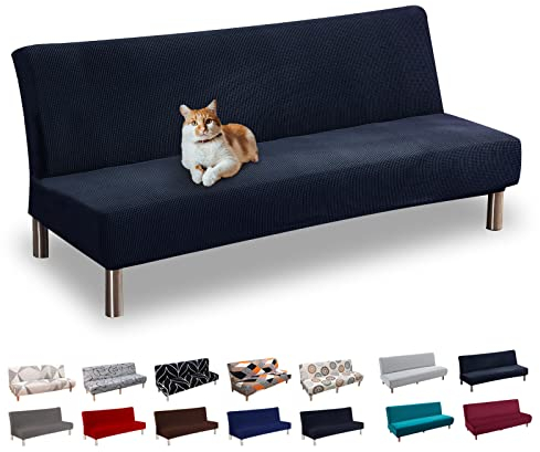 Lydevo Sofabezug ohne Armlehnen 3 Sitzer Sofabettüberzug Stretch Armlehne Sofabettüberzug Sofabezug Armlos Clic Clac Elastisch Couchbezug Futon für Klappcouch ohne Armlehnen,Jacquard#Blu Navy