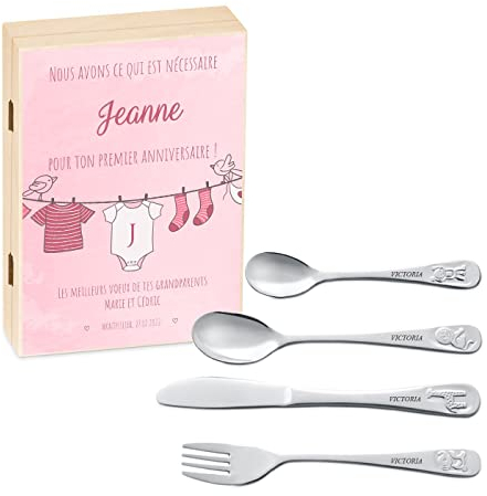 Maverton Set de Couverts De Table Bebe 1 An personnalisé dans boîte en bois imprimée - Couvert Enfant Inox Animal - Cadeau Enfant 1 an anniversaire - Cadeaux bébé - Coutellerie gravée - BARBOTEUSE