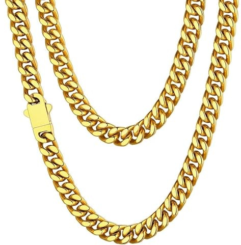 Mens Gold Plated Cuban Link Chain, Miami Cuban Chain Necklace for Men, 7mm Wide Hip Hop Mens Jewelry, 22
