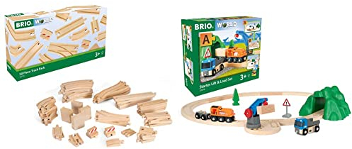 BRIO World 33772 Großes Schienensortiment 50 Teile ab 3 Jahren & World 33878 - Starterset Güterzug mit Kran - Der ideale Einstieg in die BRIO Holzeisenbahn - Empfohlen für Kinder ab 3 Jahren