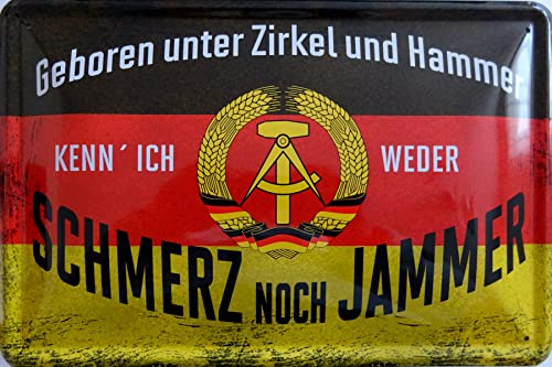 Blechschild Schild 20x30cm - geboren unter Zirkel und Hammer kenn ich weder Schmerz noch Jammer DDR