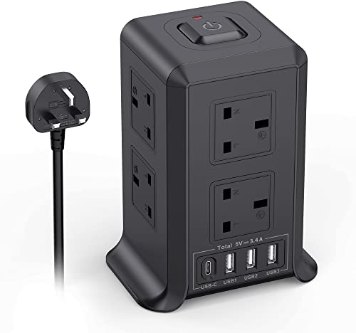 Tower Extension Lead with USB Slots, 8 Way Multi Plug Extension Tower & 4 USB Ports,Surge Protected Extension Lead with Switch, 2M Extension Cable,Tower Extension Cord for Home, Office Black